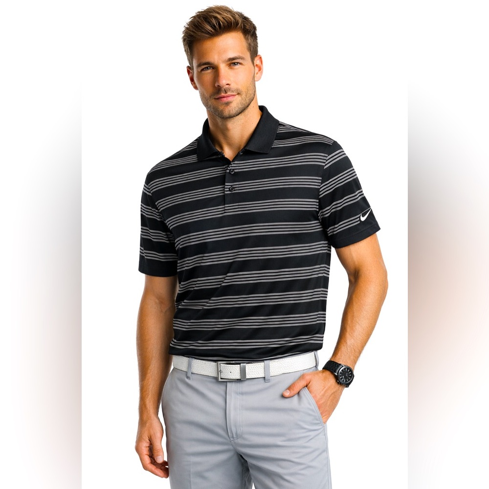 Nike Golf Dri-FIT Polo Shirt Mens Medium Black Striped Tour Performance